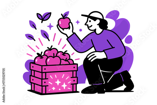Glowing Apple Harvest. Picked apples. A person kneeling beside a glowing crate of apples with floating leaves and abstract sparkles highlighting freshness.