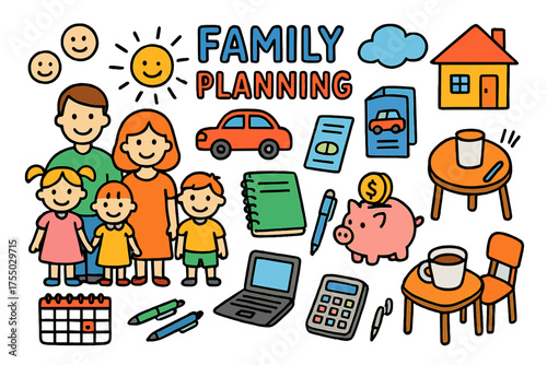 Family Planning Doodles. Family Planning. Colorful Hand-drawn doodle Children illustration family members, car brochure, laptop, notebook, calculator, coffee