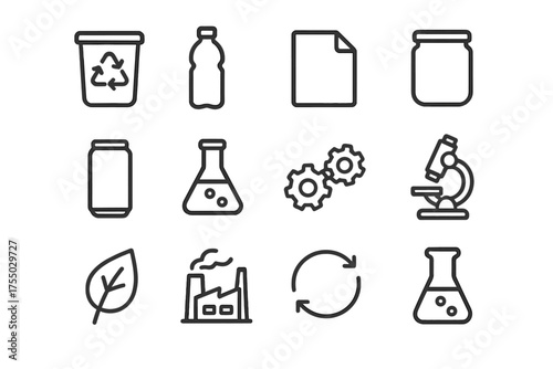 Recycling Science Icons. The science behind recycling. Line icon set of The science behind recycling: recycling bin, plastic bottle, paper sheet, glass jar,