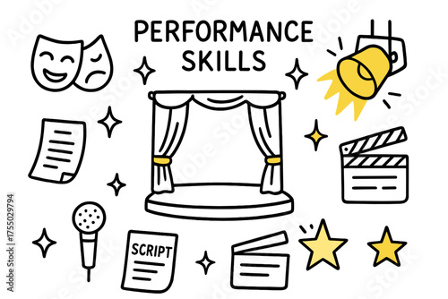 Theatrical Doodle Icons. Performance Skills. Hand-drawn doodle illustration theater curtain (colored), spotlight (colored), mask (colored), sparkle, star,