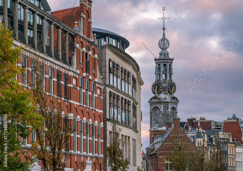 The Munttoren (Mint Tower) historical building and a famous tourist attraction located in Amsterdam, The Netherlands