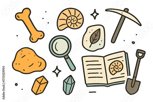Dinosaur Fossil Doodles. Fossils. Hand-drawn doodle illustration dinosaur bone (colored), shell fossil (colored), leaf fossil, rock, magnifying glass