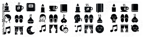 Relaxation and sleep solid icons set – silhouette, soothing, calm symbols for wellness