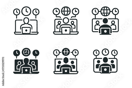 International Conference Logos. A professional conducting a video conference with international clients. Set Logo of A professional conducting a