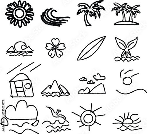 Collection of hand-drawn summer and tropical icons including sun waves palms and mountains