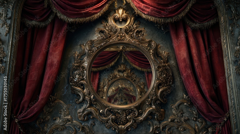 Fototapeta premium Ornate gold mirror with red curtains dramatic interior composition
