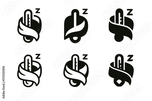 Thermostat Logo Variations. Adjusting the thermostat before bed. Set Logo of Adjusting the thermostat before bed: Blanket wrapping around a thermometer.