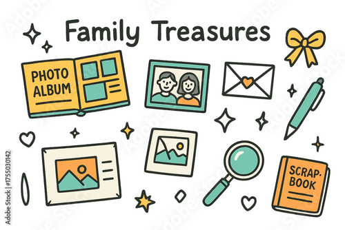 Family Memories Illustration. Family Treasures. Hand-drawn doodle illustration photo album (colored), old photo (colored), ribbon (colored), pen, frame,