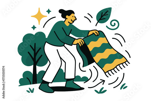 Dynamic Garden Cleanup. Outdoor cleaning. Glowing person standing in garden shaking rug with trees behind. Floating icons of sparkle, leaf, and swirl