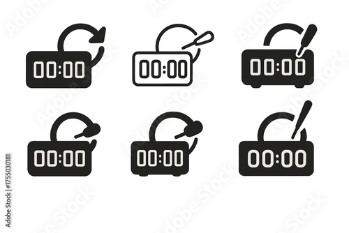 Clock Reset Logos. Resetting a digital clock. Set Logo of Resetting a digital clock: tiny pinhole reset tool. harmonious logo variations of the same emblematic