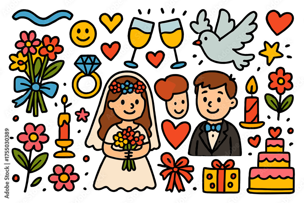 Fototapeta premium Colorful Wedding Symbols. Wedding Celebration. Colorful Hand-drawn doodle Children illustration bride, groom, bouquet, ring, champagne glass, cake, dove,