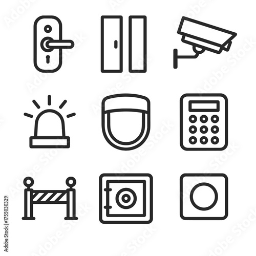 Home Security Icons. Outline icon set of home security measures: door lock, window sensor, security camera, alarm siren, motion
