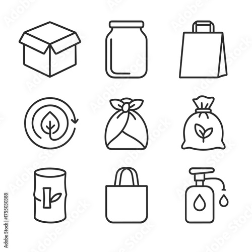 Eco-Friendly Packaging Icons. Outline icon set of eco-friendly packaging designs: corrugated box, glass jar, paper bag, compost