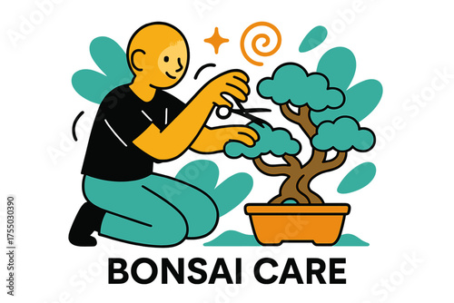 Glowing Bonsai Care. Bonsai Care. A glowing person trimming a bonsai tree with small scissors, abstract spark and swirl icons symbolizing patience. Modern