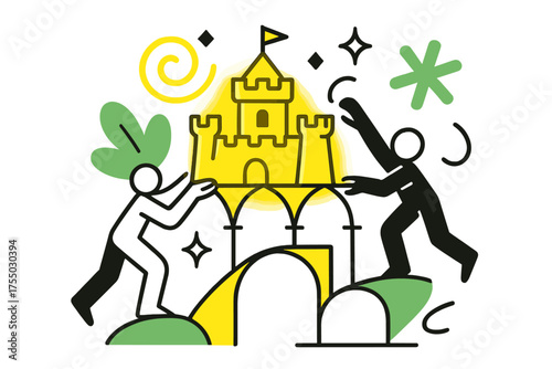 Delicate Sandcastle Design. Fragile Masterpiece. A glowing sandcastle balancing on thin walls and arches, abstract spark and swirl icons symbolizing delicacy.