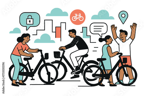 Urban Bike Sharing. Urban Bike Sharing. People picking up and returning bikes at a dock, floating app icons and abstract city shapes emphasizing mobility and