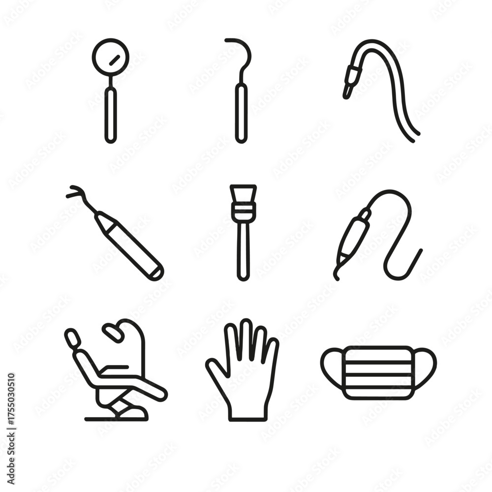Fototapeta premium Dental Tool Icons. Outline icon set of Dental checkup tools: dental mirror, explorer probe, suction tube, ultrasonic scaler,