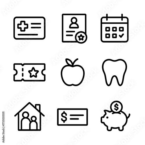 Employee Benefits Icons. Outline icon set of employee benefits and compensation: health insurance card, pension plan document,