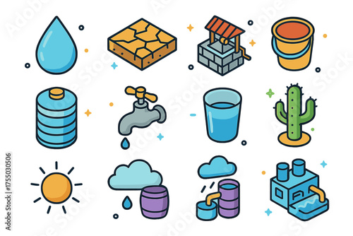 Water Scarcity Icons. Water Scarcity. Colorful isometric vector icons set of water scarcity: empty water drop, cracked soil, dry well, empty bucket, water