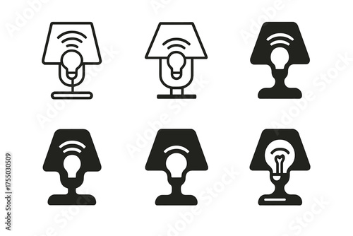 Smart Lamp Logos. Turning on a bedside lamp. Set Logo of Turning on a bedside lamp: smart bulb wifi signal. harmonious logo variations of the same emblematic
