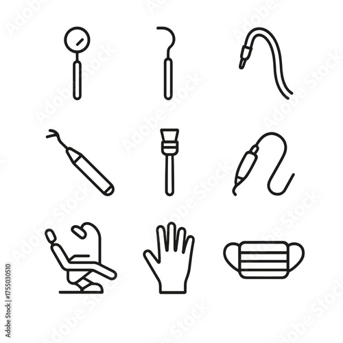 Dental Tool Icons. Outline icon set of Dental checkup tools: dental mirror, explorer probe, suction tube, ultrasonic scaler,