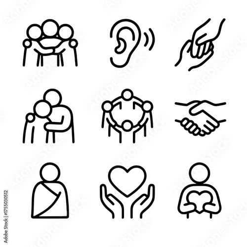 Emotional Support Icons. Outline icon set of emotional support: group hug, open ear listening, helping hand, phone helpline,