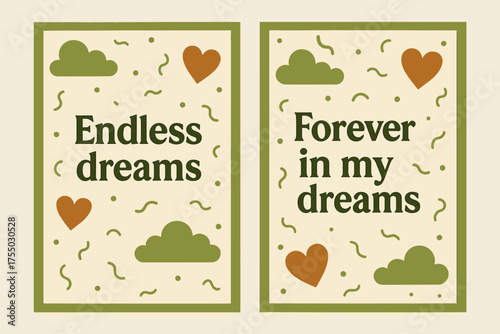 Endless Dreams Banners. Endless dreams. Two vertical A6 banners with safe margins, centered composition, no elements touching edges, memphis, olive green and