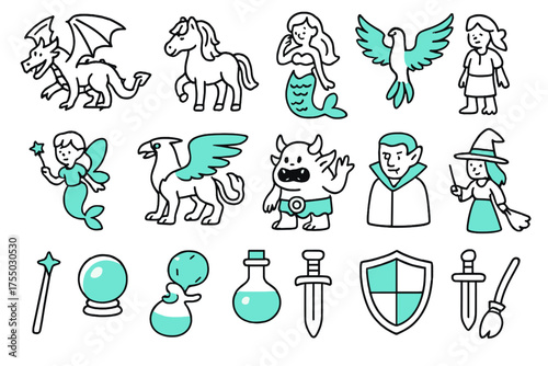 Fantasy Creatures Icons. MAKE Fantasy creatures illustration MAKE dragon, colored unicorn, mermaid, colored phoenix, fairy, colored griffin, monster, colored