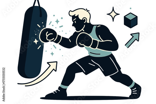 Dynamic Boxing Session. Training session. Glowing boxer hitting a punching bag with sweat sparkles flying around. Floating icons of sparkle, cube, and arrow