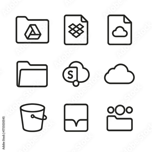 Cloud Storage Icons. Outline icon set of file sharing and cloud storage: Google Drive folder, Dropbox file, OneDrive document, Box