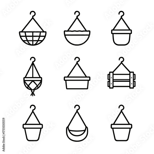 Hanging Planter Icons. Outline icon set of types of hanging planters: wire basket, coconut fiber liner, ceramic pot, macramé
