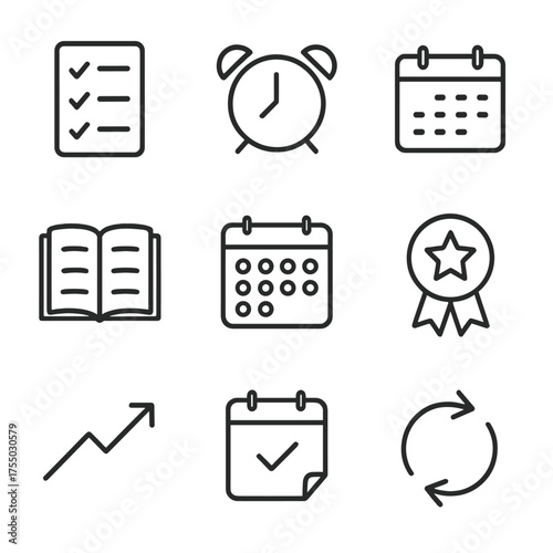 Habit Formation Icons. Outline icon set of habit formation: checklist, alarm clock, calendar, journal, habit tracker, rewards