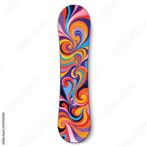 Abstract Snowboard Design Vector — Vibrant Swirling Pattern in Red, Orange, Yellow, Pink, Purple, and Blue for Expressive Gear