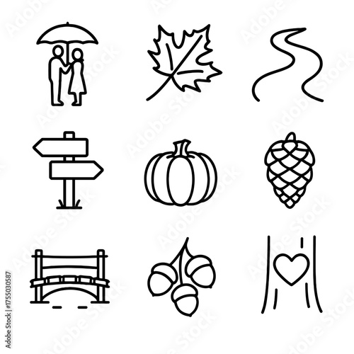 Autumn Forest Icon Set. Outline icon set of autumn forest rendezvous: couple silhouette under umbrella, falling leaf, winding