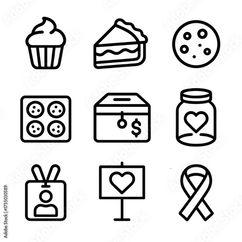 Charity Bake Sale Icons. Outline icon set of Charity bake sale event: cupcake, pie slice, cookie, baking tray, cash box, donation