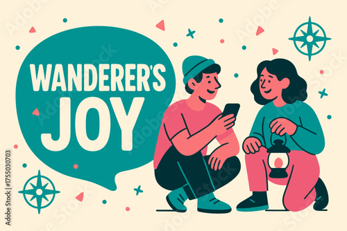 Wanderer's Joy Design. Wanderer?s Joy banner, flat vector illustration, bold oversized text inside rounded blob, cartoon characters sitting and chatting,