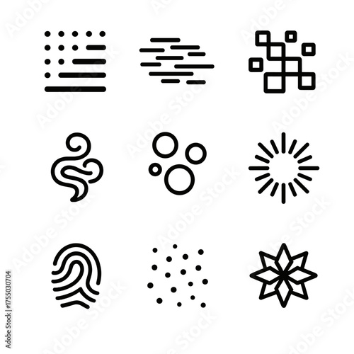 Abstract Effects Icons. Outline icon set of abstract effects: halftone dots, glitch lines, pixel mosaic, smoke swirl, bubble