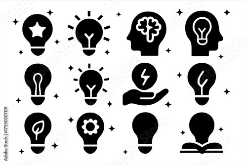 Creative Lightbulb Icons. Creative idea. Solid icons set of Creative idea: bulb with star, bulb with rays, brain with bulb, bulb in head, filament bulb,