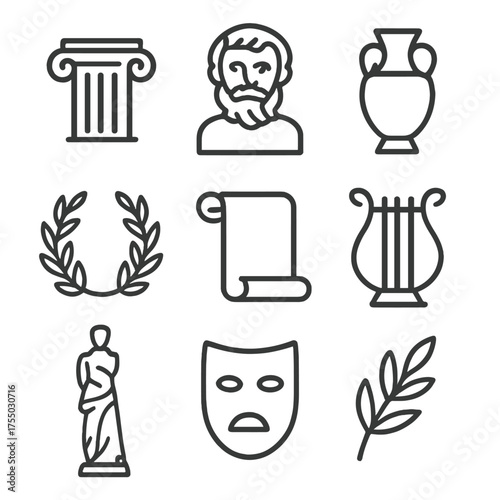 Ancient Philosophy Icons. Outline icon set of ancient philosophy and sculpture: Greek column, philosopher bust, amphora vase,