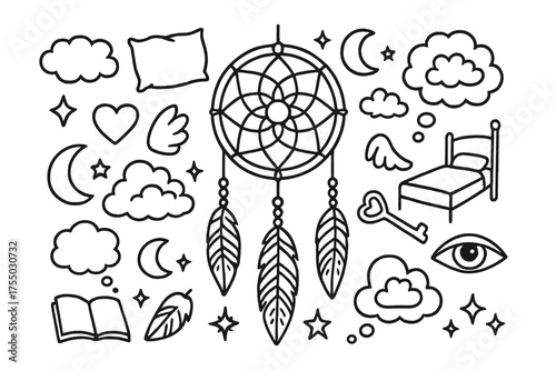 Dreamcatcher Doodle Icons. Dreamcatcher. Hand-drawn doodle illustration dreamcatcher dreamcatcher, feather, moon, star, cloud, pillow, sparkles, heart, wings,