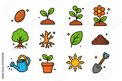 Isometric Plant Cycle Icons. Plant Life Cycle. Colorful isometric vector icons set of plant life cycle: seed, sprout, young plant, flower, tree, root system,