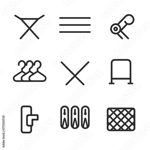 Foldable Drying Racks Icons. Outline icon set of foldable drying racks: collapsible frame, support bars, hinge joint, hanging