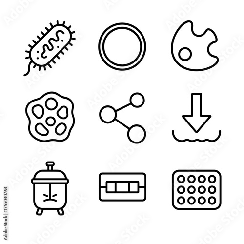 Bioremediation Icons Grid. Outline icon set of drought-resistant crops: deep roots, waxy leaf, stomata control, osmoprotectant