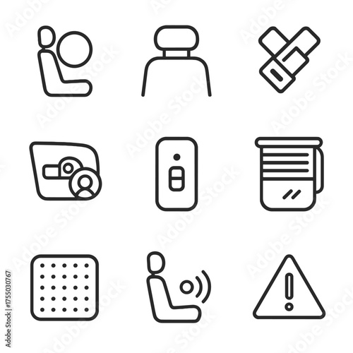 Backseat Safety Icons. Outline icon set of backseat safety features: side airbag, headrest, seat belt buckle, child safety lock,