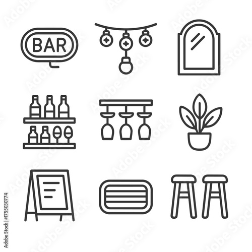 Bar Icon Set. Outline icon set of bar ambiance and decor: neon sign, string lights, bar mirror, bar shelves, hanging glass rack,
