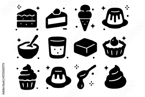 Dessert Icons Collection. Desserts. Solid icons set of Desserts: chocolate cake, cheesecake, ice cream, pudding, custard, mousse, brownie, tart, cupcake, flan,