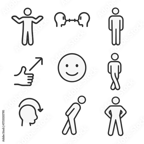 Body Language Icons. Outline icon set of body language cues: open arms, eye contact line, upright standing figure, hand gesture