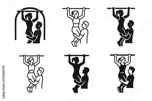 Partner Exercise Logos. A couple doing partner exercises, motivating and supporting each other. Set Logo of A couple doing partner exercises, motivating and