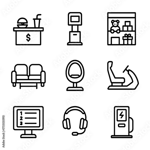 Gaming Center Icons. Outline icon set of gaming center amenities: snack counter, ticket dispenser, prize shelf, seating lounge, VR