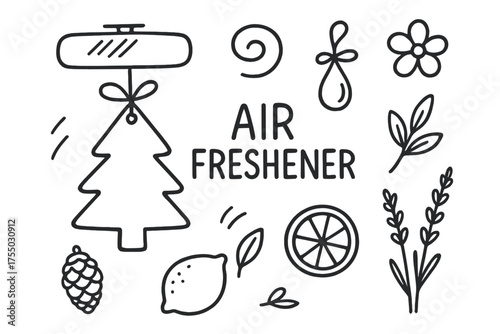 Car Air Freshener Doodle. Air Freshener. Hand-drawn doodle illustration Air freshener hanging from mirror tree car scent drop swirl ribbon hook leaves flower